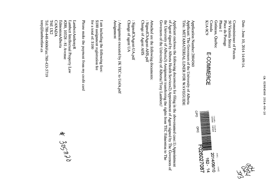 Document de brevet canadien 2804560. Correspondance 20140610. Image 1 de 4