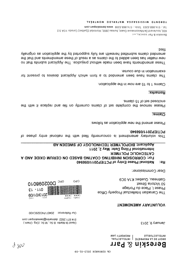 Document de brevet canadien 2804826. Poursuite-Amendment 20121209. Image 1 de 4