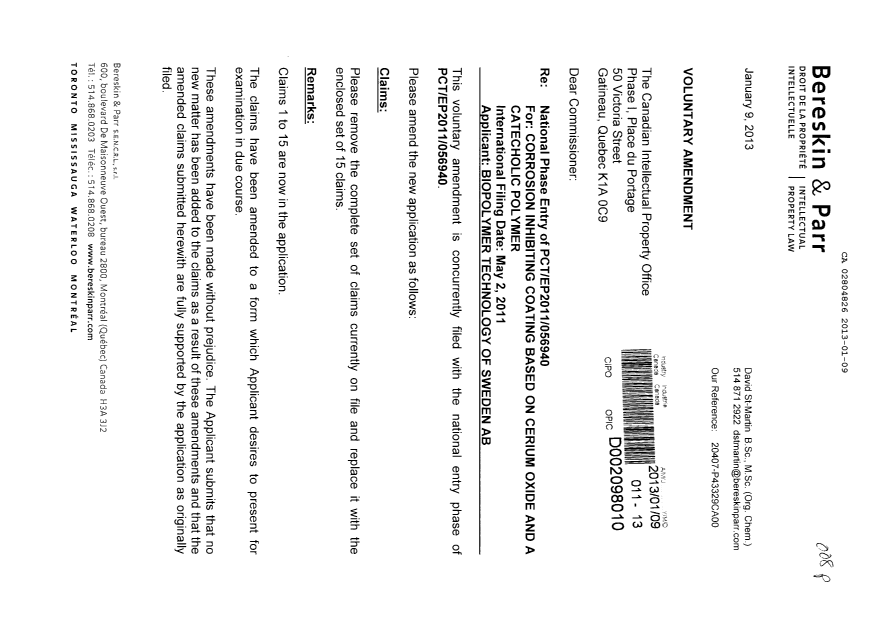 Document de brevet canadien 2804826. Poursuite-Amendment 20121209. Image 1 de 4