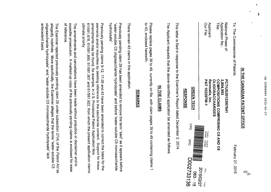Document de brevet canadien 2804993. Poursuite-Amendment 20141227. Image 1 de 26