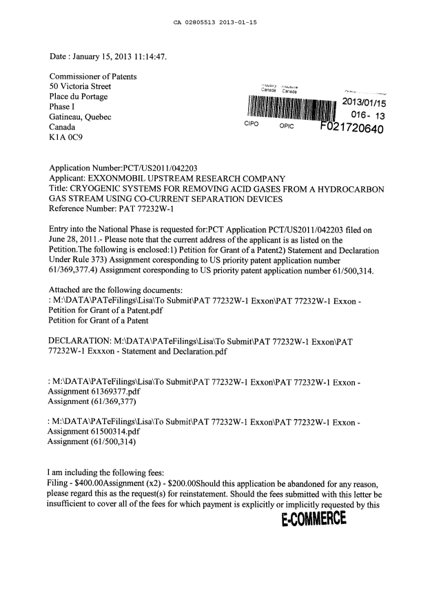 Document de brevet canadien 2805513. Cession 20130115. Image 1 de 12