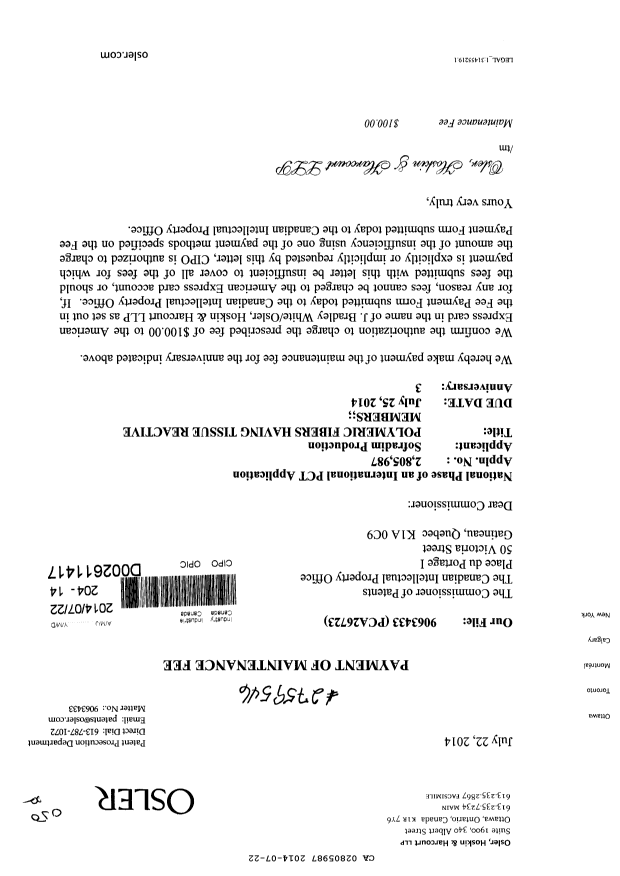 Document de brevet canadien 2805987. Taxes 20131222. Image 1 de 1