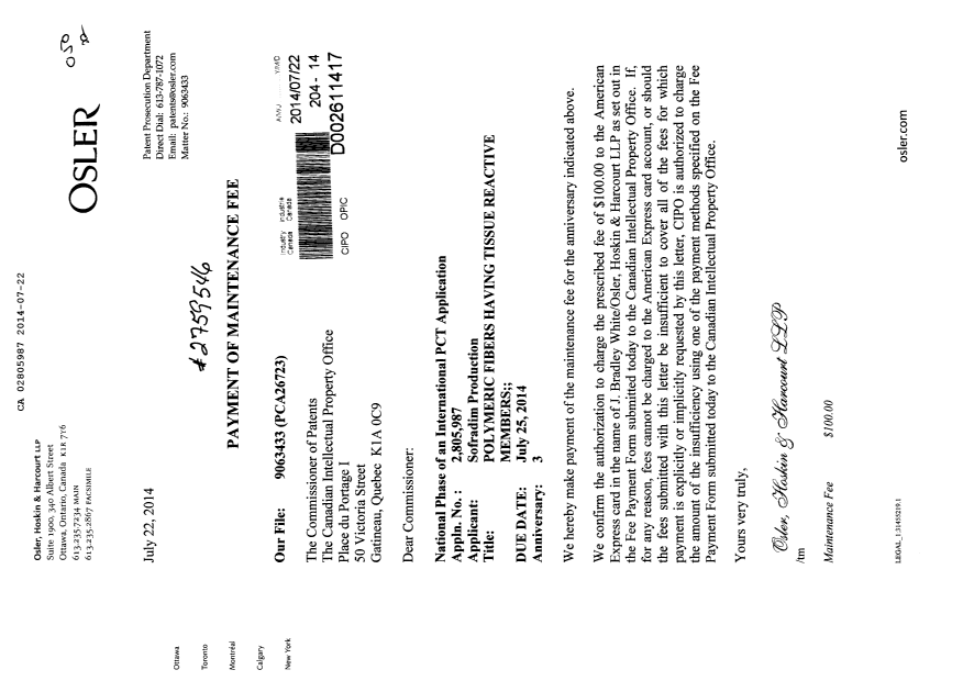 Canadian Patent Document 2805987. Fees 20131222. Image 1 of 1