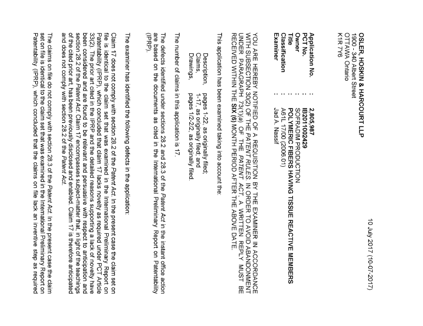 Document de brevet canadien 2805987. Demande d'examen 20170710. Image 1 de 3