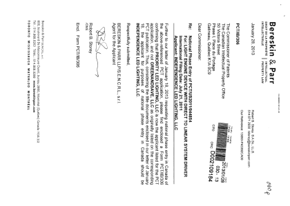 Canadian Patent Document 2806052. Correspondence 20130128. Image 1 of 2