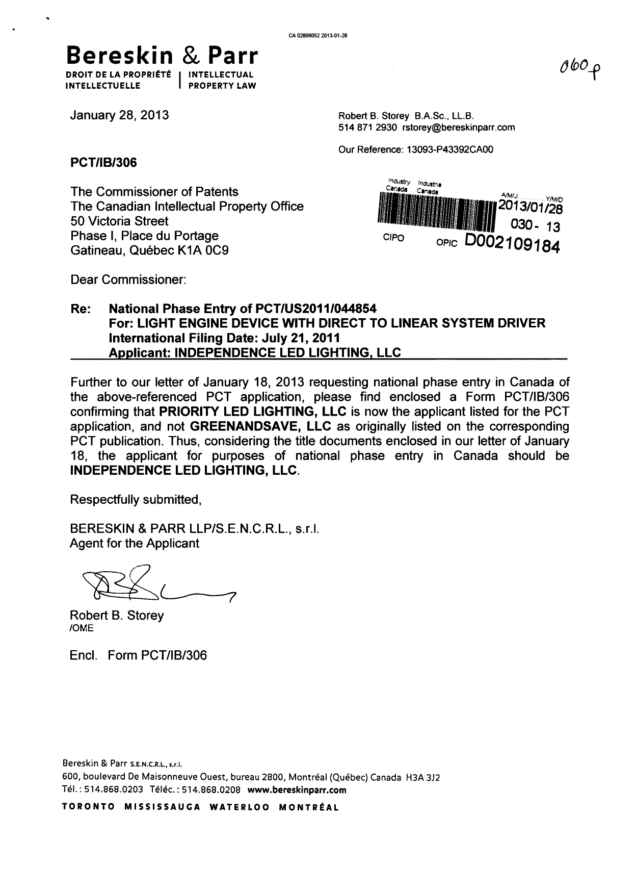 Canadian Patent Document 2806052. Correspondence 20130128. Image 1 of 2