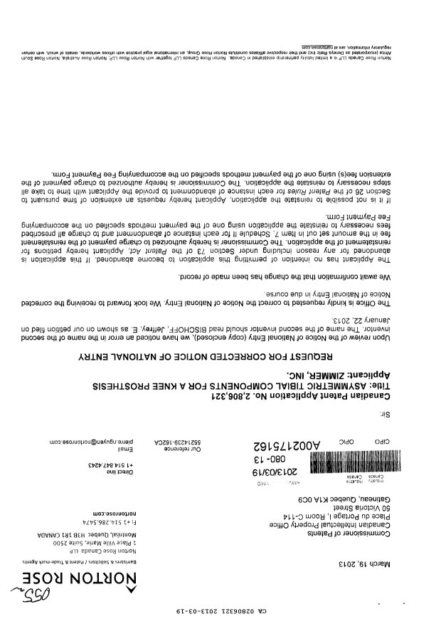 Canadian Patent Document 2806321. Correspondence 20130319. Image 1 of 3