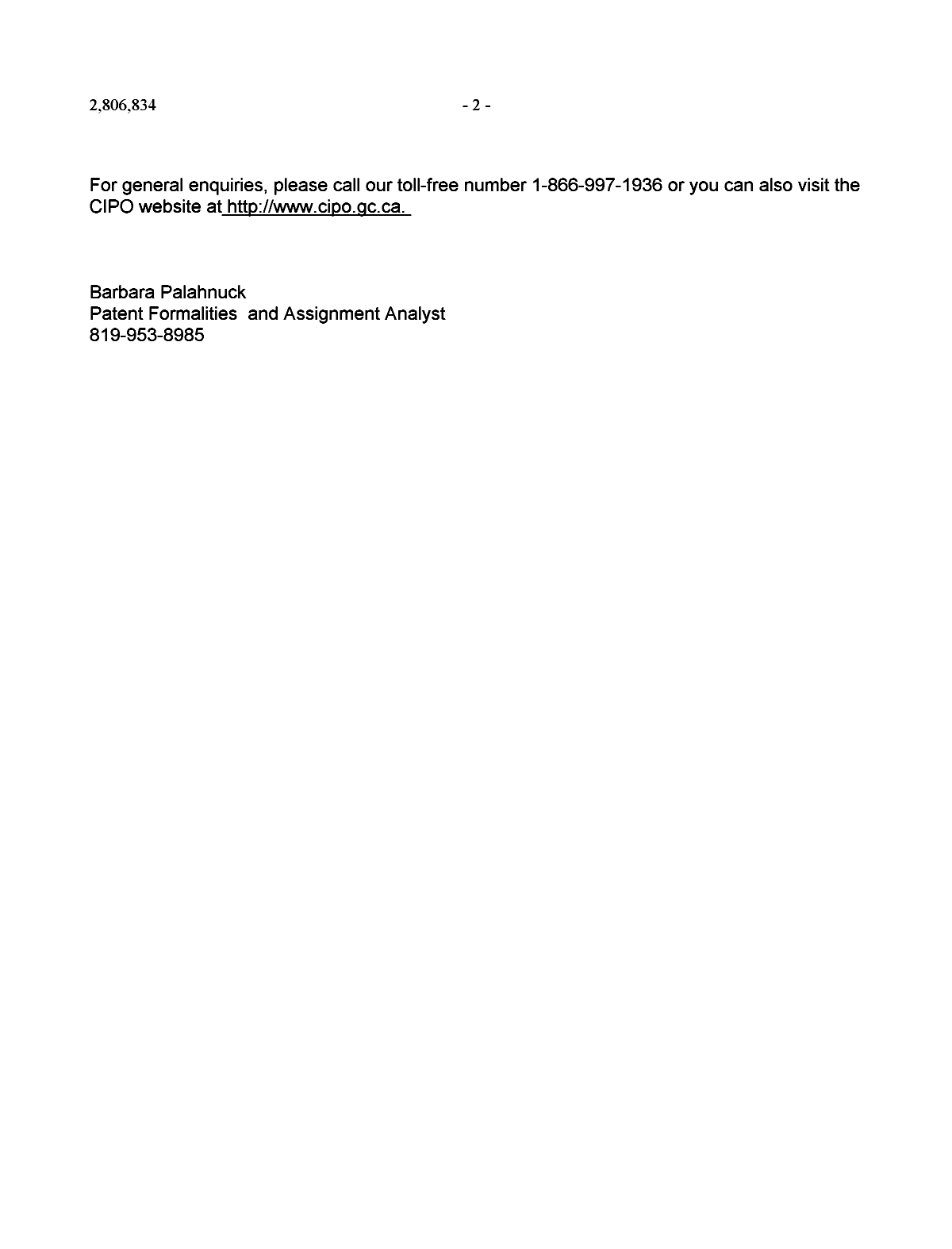 Document de brevet canadien 2806834. Correspondance 20121207. Image 2 de 2