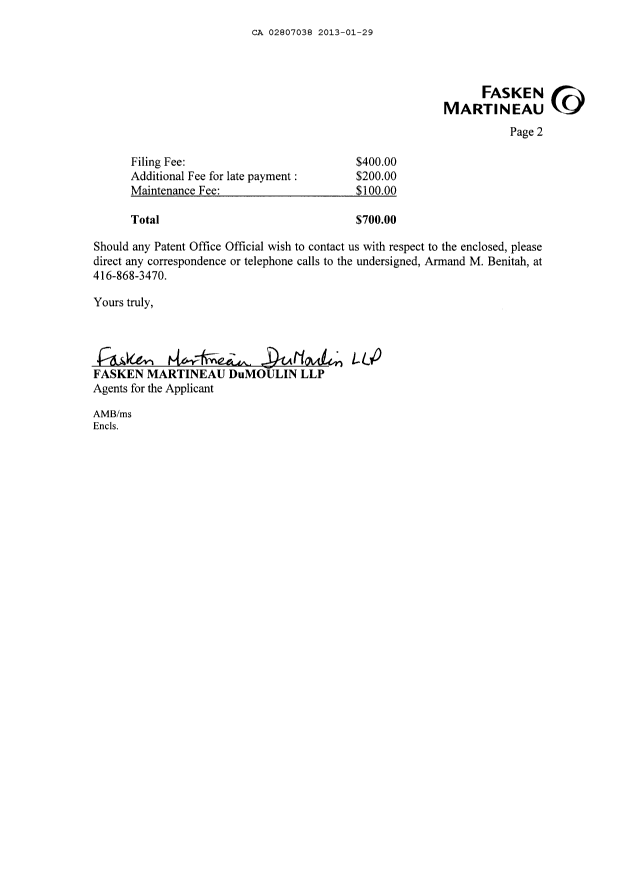 Document de brevet canadien 2807038. Cession 20130129. Image 2 de 4