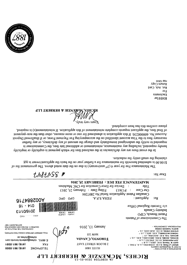 Canadian Patent Document 2807204. Maintenance Fee Payment 20160113. Image 1 of 1