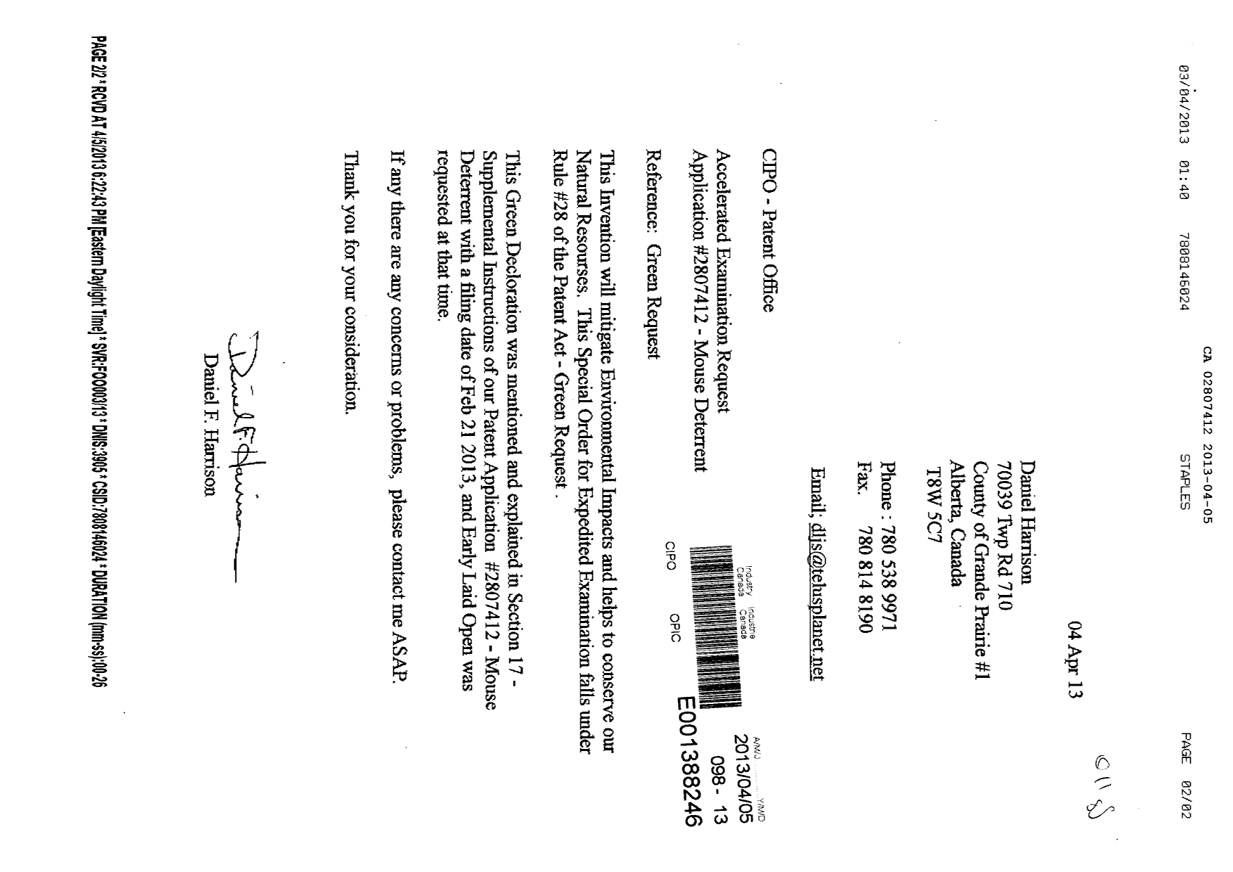 Document de brevet canadien 2807412. Poursuite-Amendment 20121205. Image 1 de 2