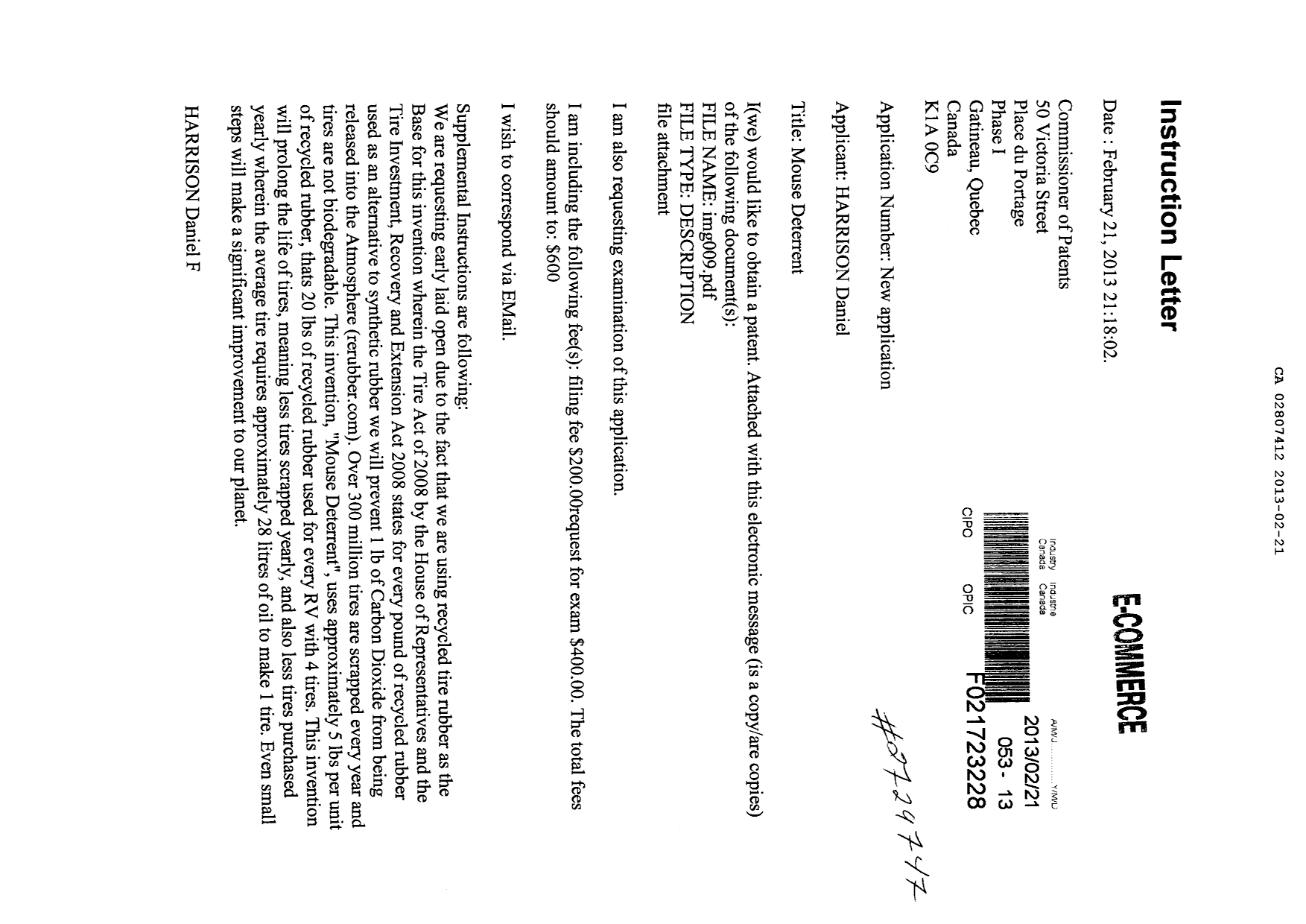 Canadian Patent Document 2807412. Assignment 20130221. Image 1 of 3