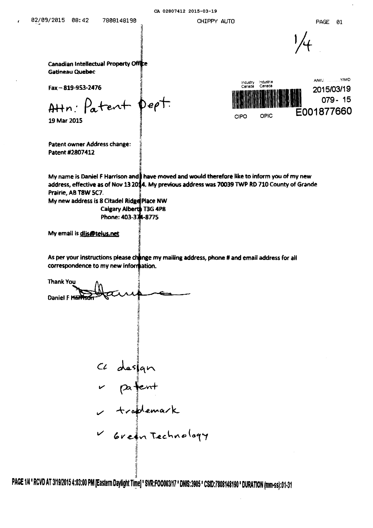 Document de brevet canadien 2807412. Correspondance 20150319. Image 1 de 2