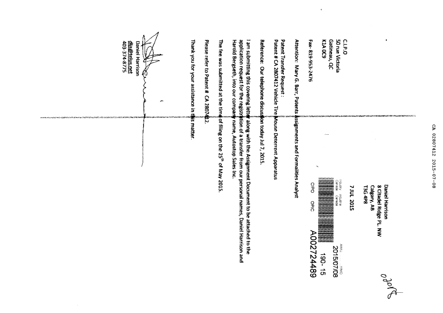 Document de brevet canadien 2807412. Correspondance reliée aux formalités 20150708. Image 1 de 2