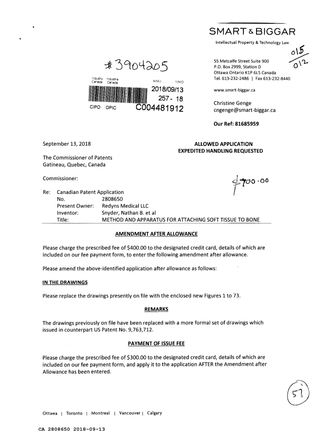 Document de brevet canadien 2808650. Taxe finale 20180913. Image 1 de 2