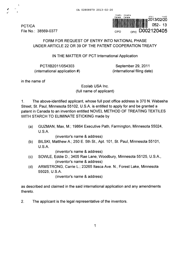 Document de brevet canadien 2808979. Cession 20130220. Image 2 de 3