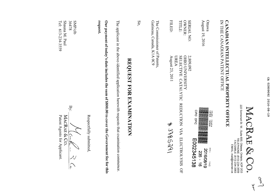 Document de brevet canadien 2809092. Requête d'examen 20160819. Image 1 de 1