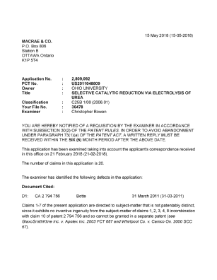 Document de brevet canadien 2809092. Demande d'examen 20180515. Image 1 de 3