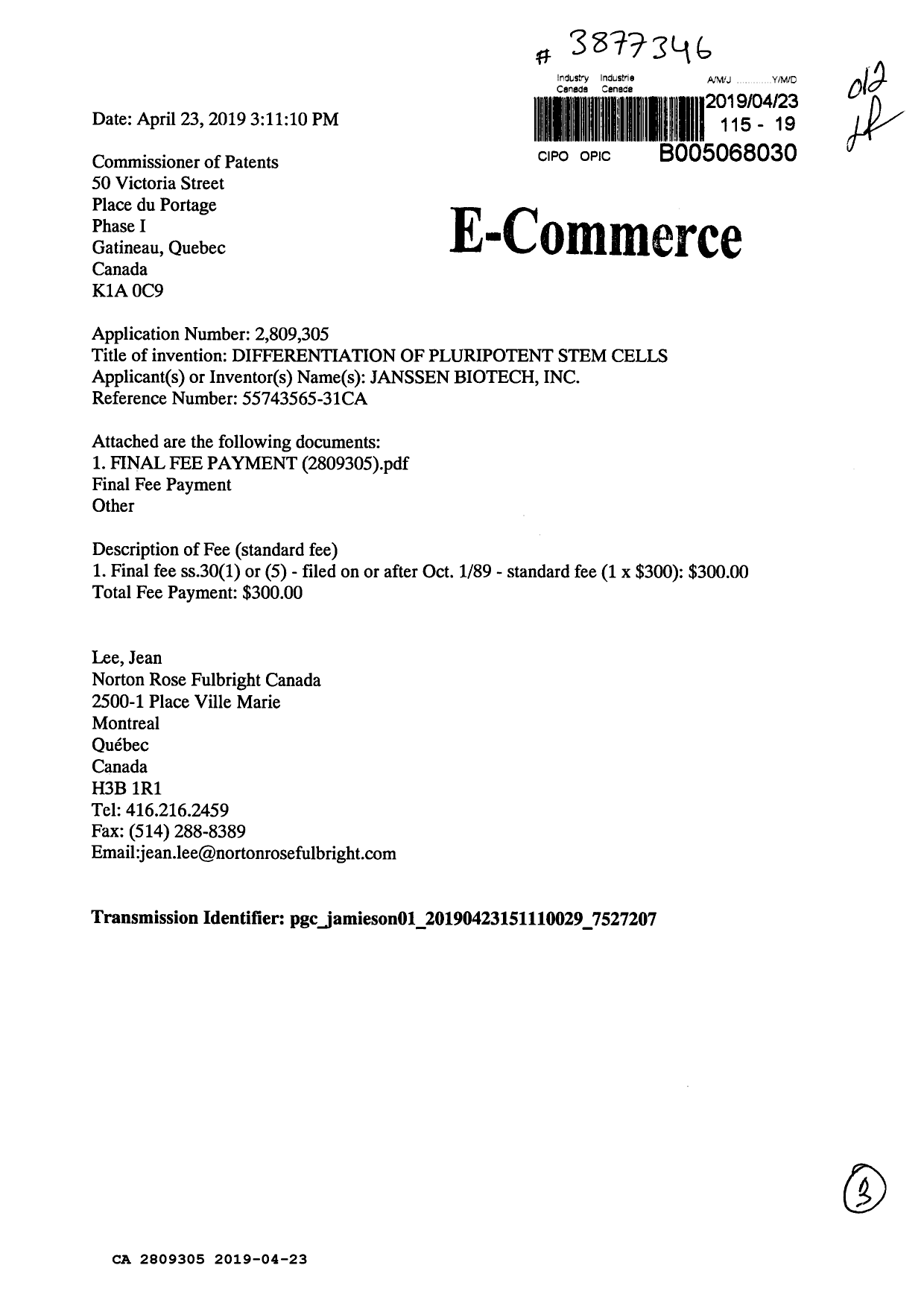 Document de brevet canadien 2809305. Correspondance 20181223. Image 1 de 3