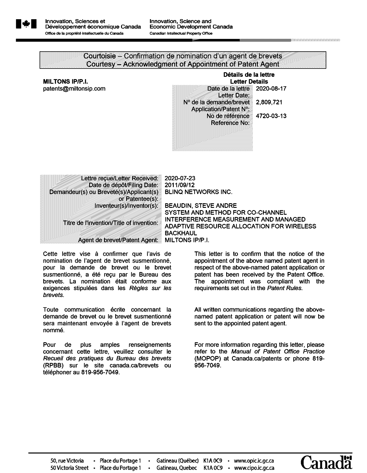 Document de brevet canadien 2809721. Lettre du bureau 20200817. Image 1 de 1