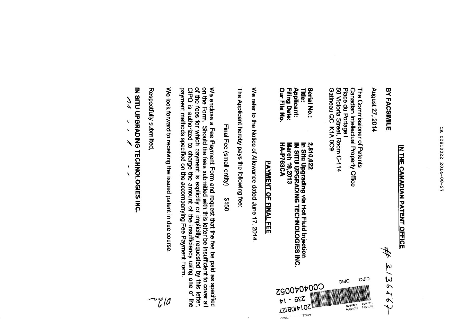 Document de brevet canadien 2810022. Correspondance 20131227. Image 1 de 2