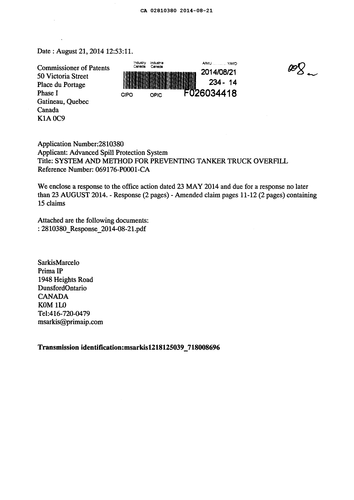 Document de brevet canadien 2810380. Poursuite-Amendment 20131221. Image 1 de 5