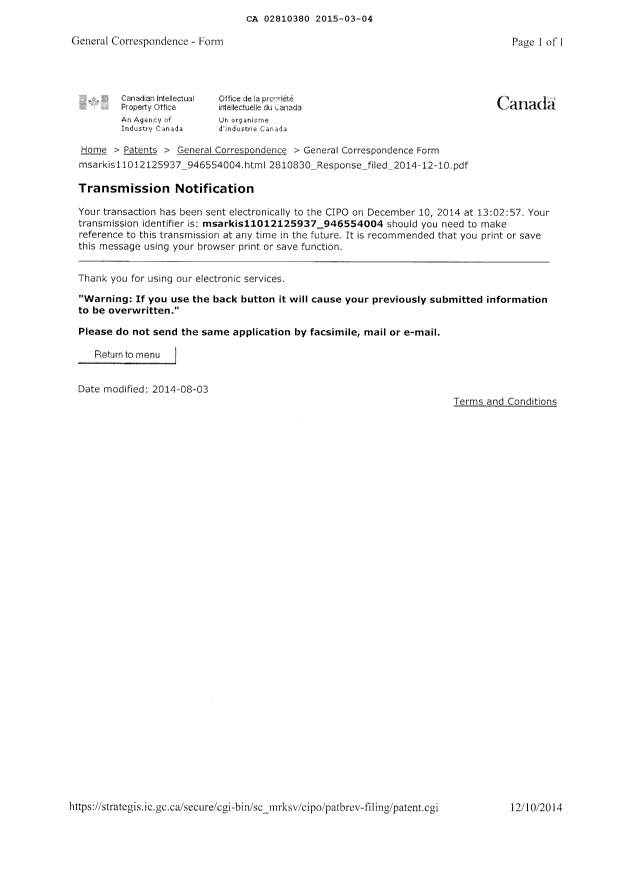 Document de brevet canadien 2810380. Poursuite-Amendment 20141204. Image 16 de 16