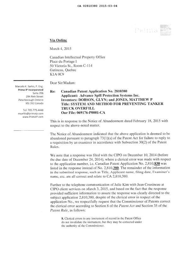 Document de brevet canadien 2810380. Poursuite-Amendment 20141204. Image 3 de 16