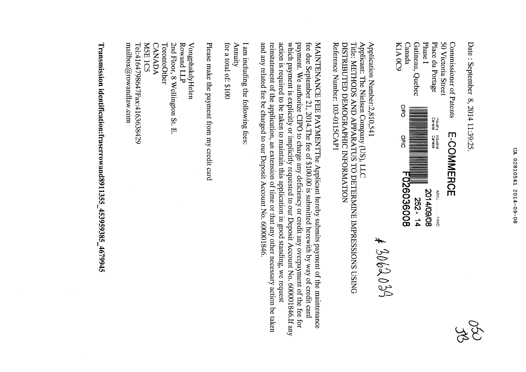 Document de brevet canadien 2810541. Taxes 20131208. Image 1 de 1