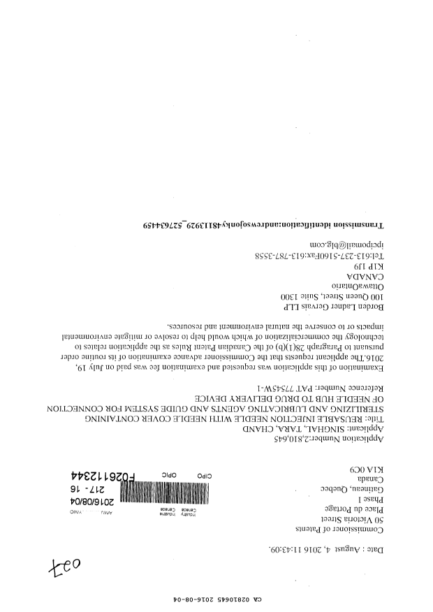 Document de brevet canadien 2810645. Poursuite-Amendment 20151204. Image 1 de 1