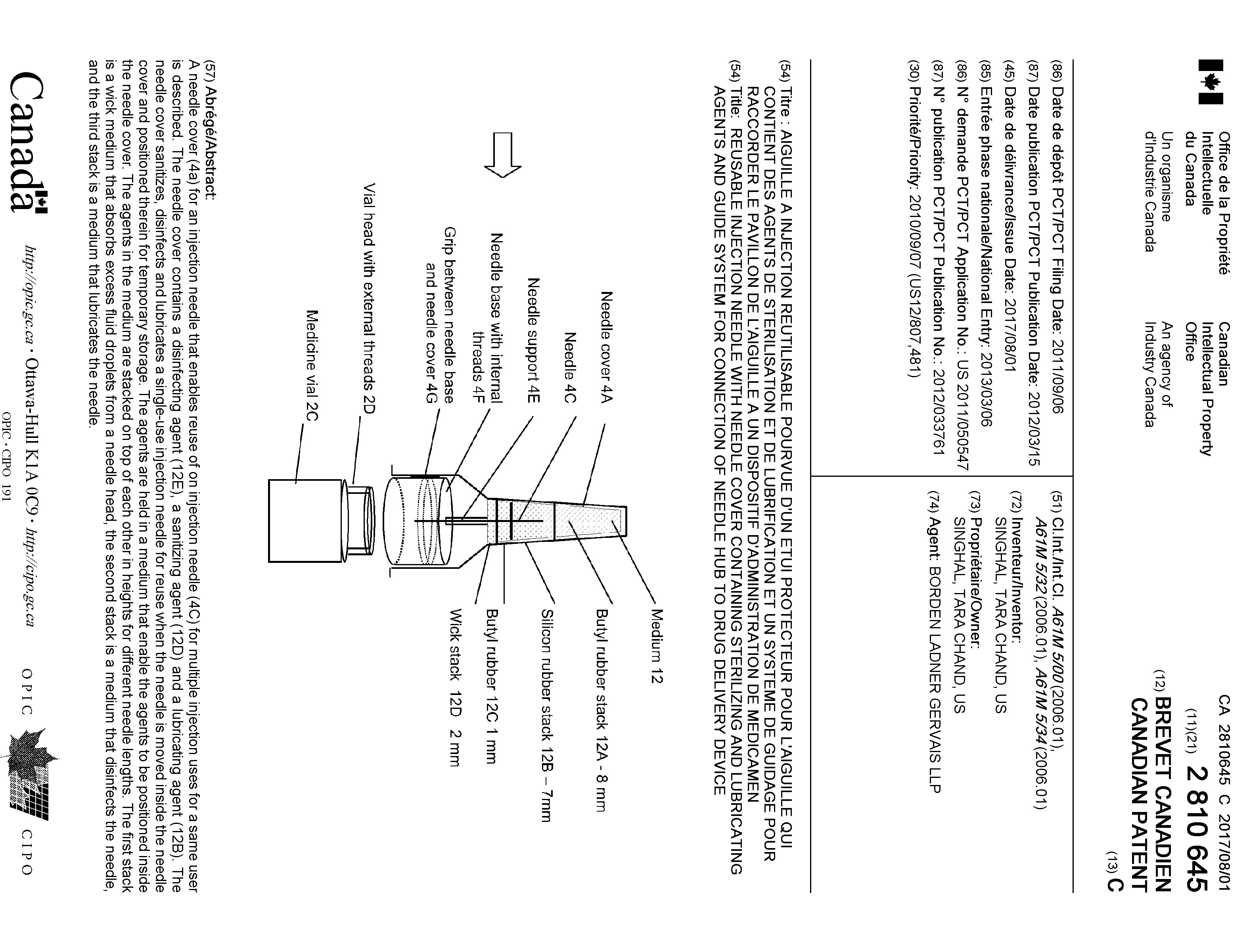 Document de brevet canadien 2810645. Page couverture 20161205. Image 1 de 1