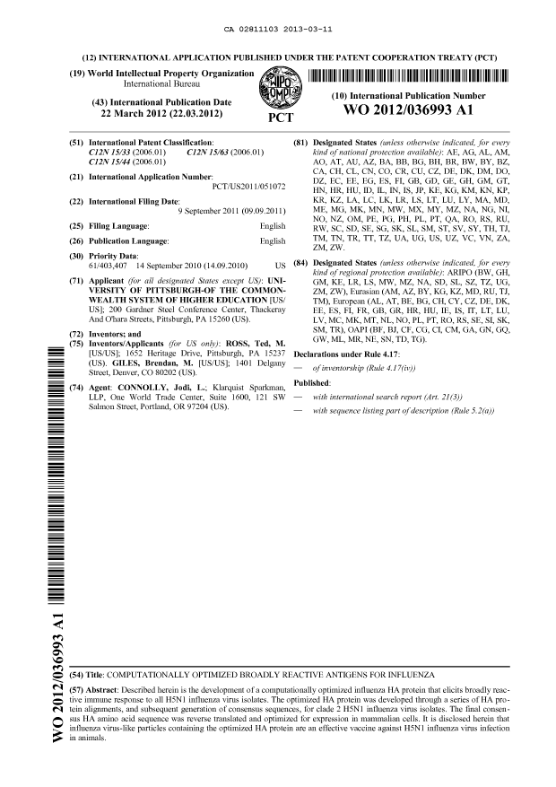 Document de brevet canadien 2811103. Abrégé 20121211. Image 1 de 1
