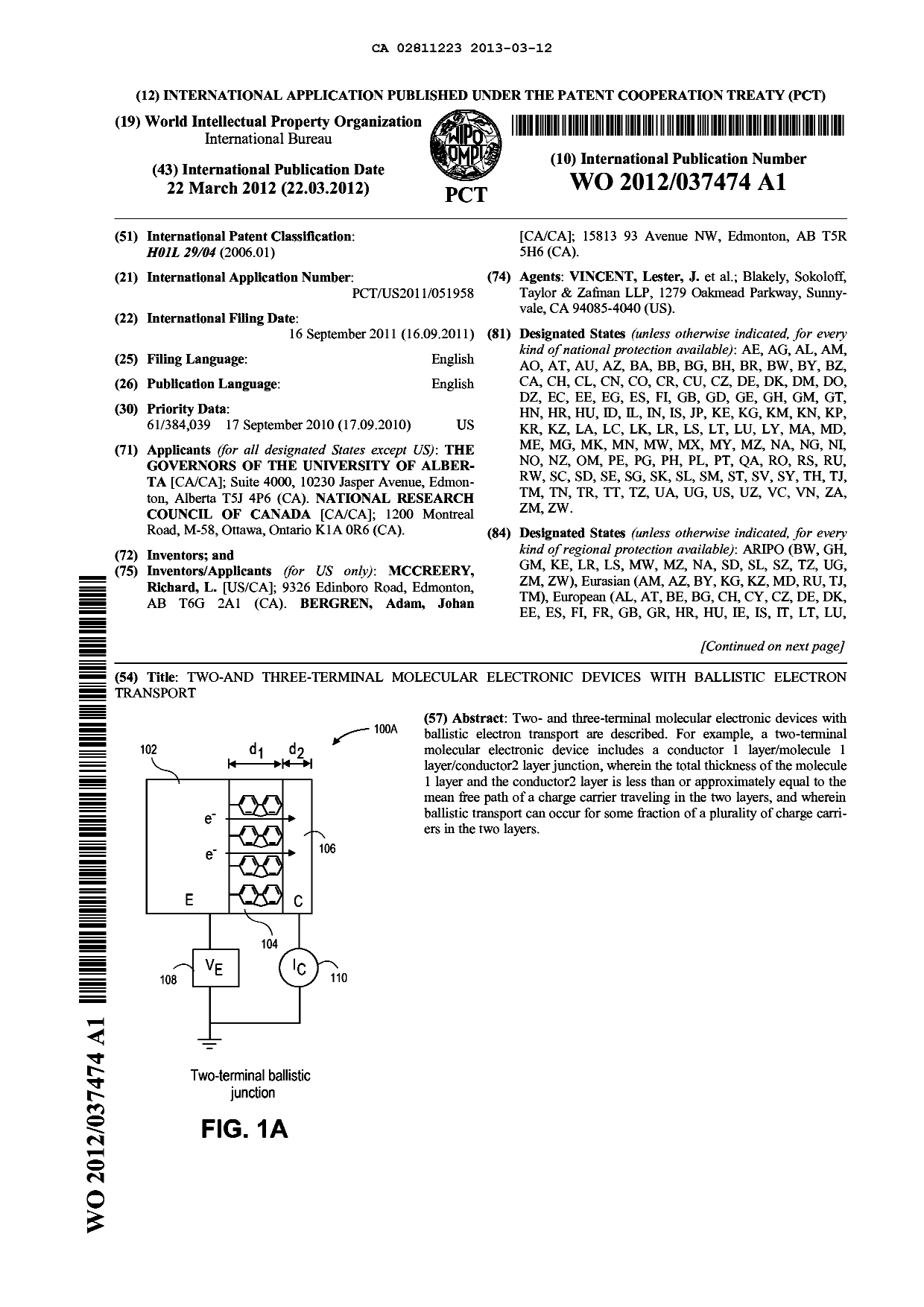 Document de brevet canadien 2811223. Abrégé 20130312. Image 1 de 2