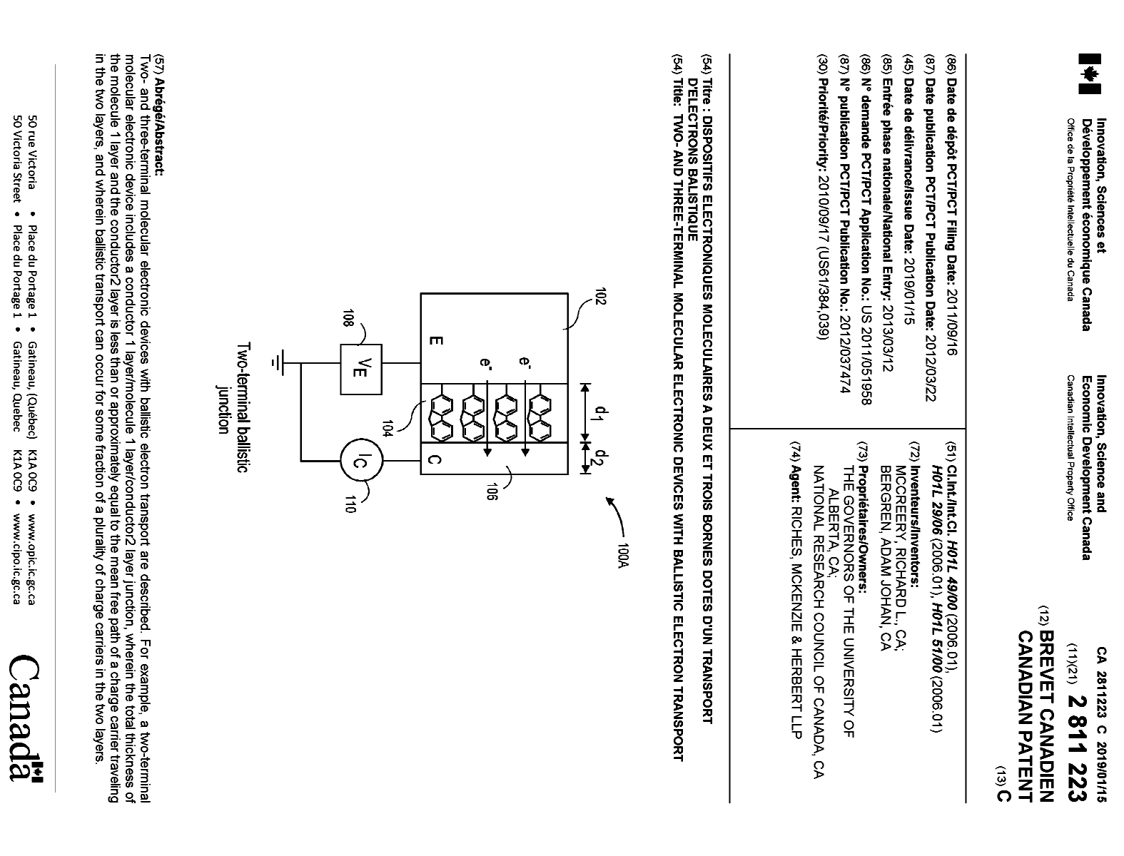 Canadian Patent Document 2811223. Cover Page 20181219. Image 1 of 1