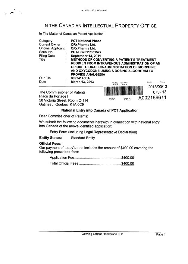 Canadian Patent Document 2811285. Assignment 20130313. Image 1 of 4