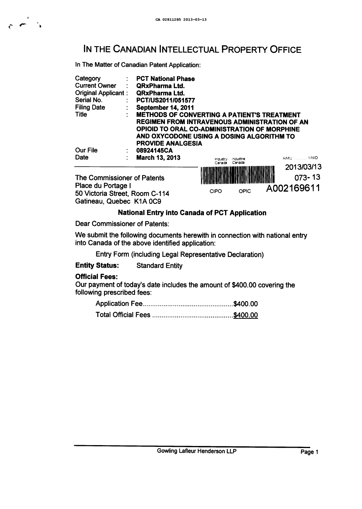 Document de brevet canadien 2811285. Cession 20130313. Image 1 de 4