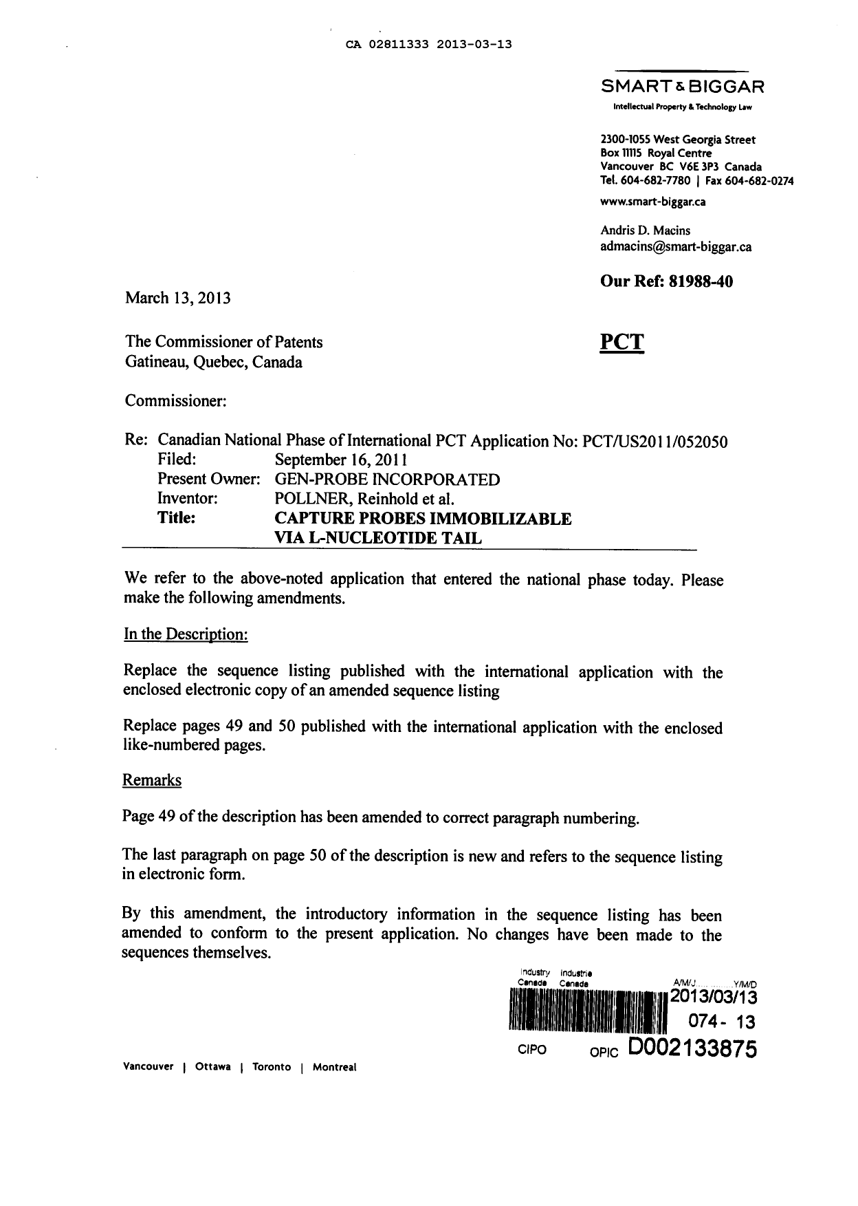 Document de brevet canadien 2811333. Poursuite-Amendment 20130313. Image 1 de 4