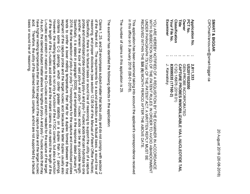 Document de brevet canadien 2811333. Demande d'examen 20180820. Image 1 de 3