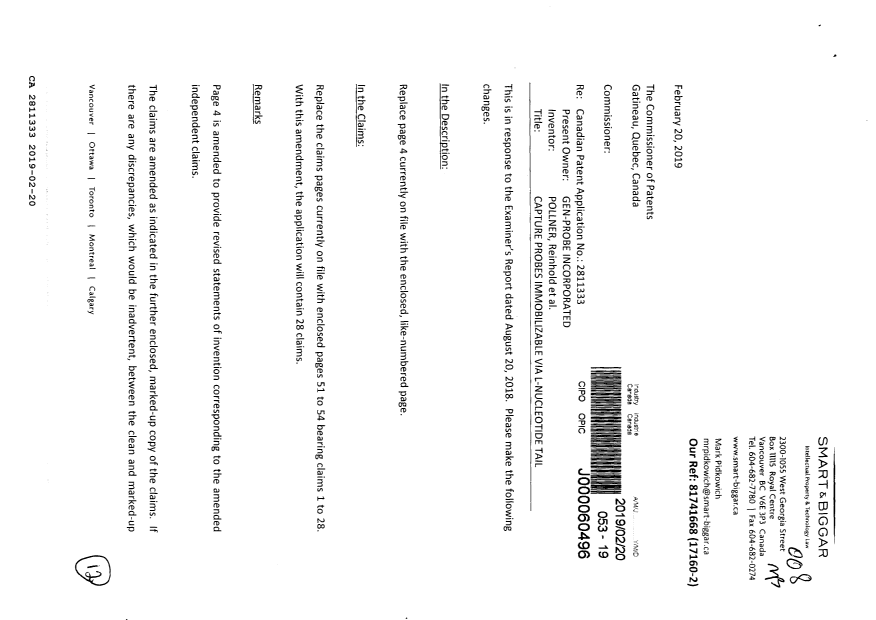 Document de brevet canadien 2811333. Modification 20190220. Image 1 de 12