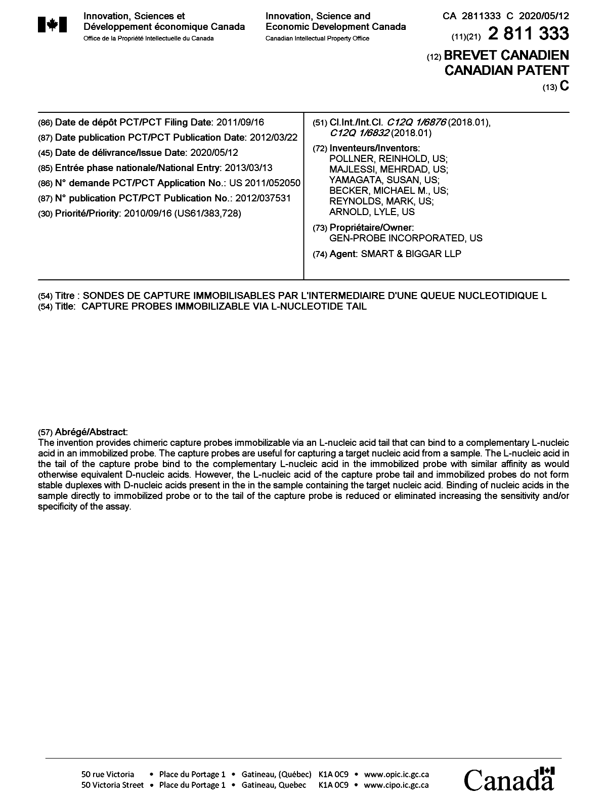 Document de brevet canadien 2811333. Page couverture 20200415. Image 1 de 1