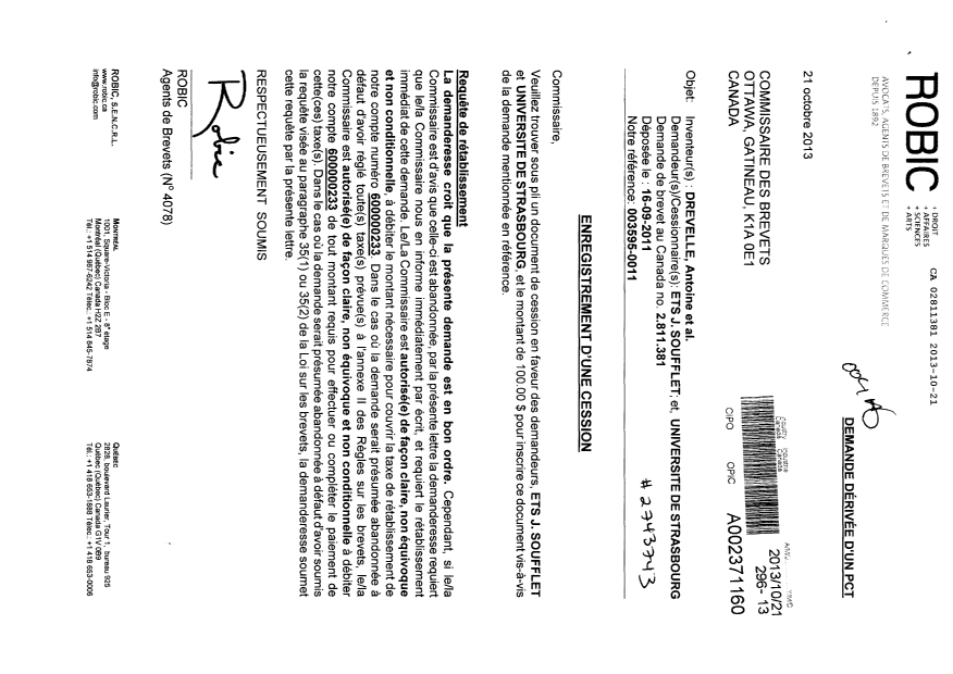 Document de brevet canadien 2811381. Cession 20131021. Image 1 de 3