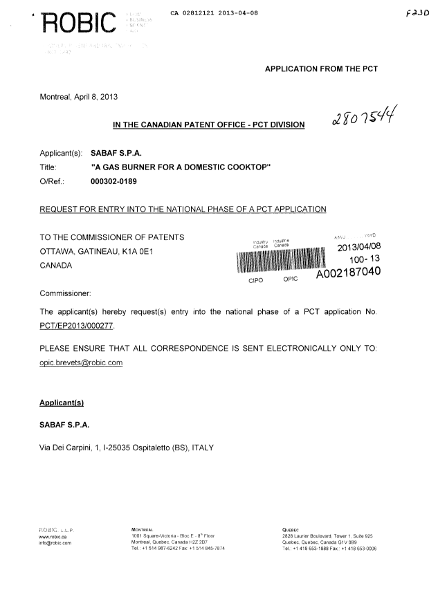 Canadian Patent Document 2812121. Assignment 20130408. Image 1 of 5