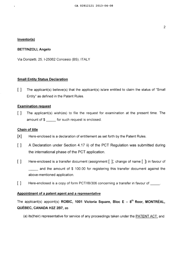 Document de brevet canadien 2812121. Cession 20130408. Image 2 de 5