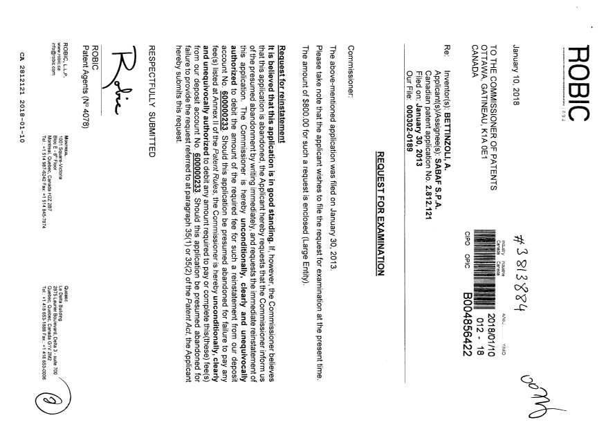 Document de brevet canadien 2812121. Requête d'examen 20180110. Image 1 de 2