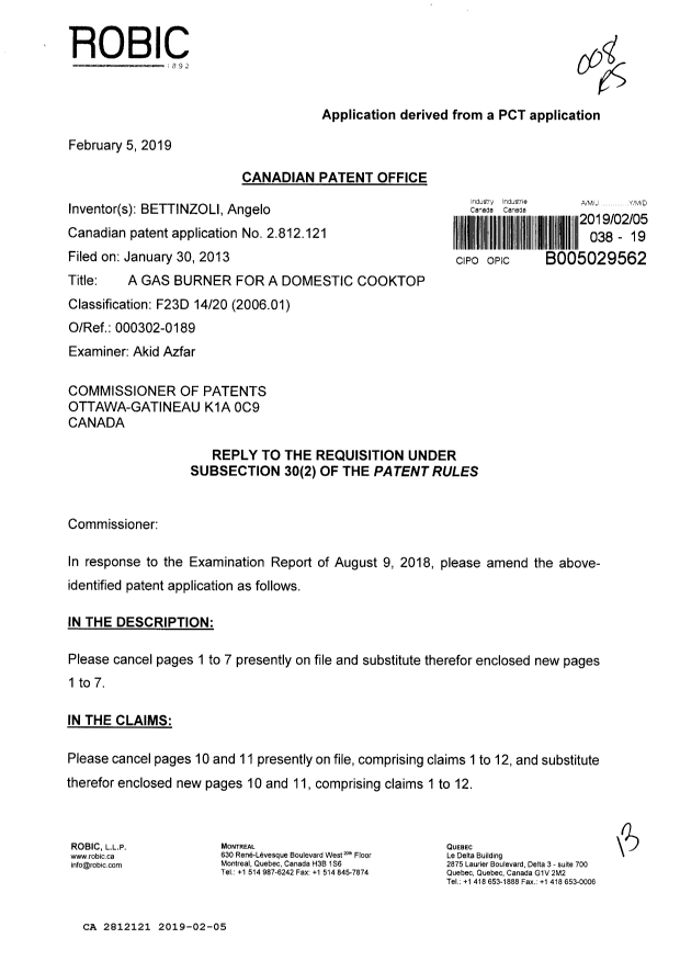 Document de brevet canadien 2812121. Modification 20190205. Image 1 de 13