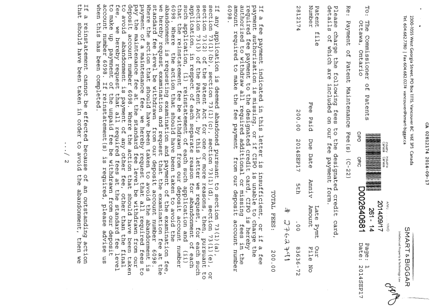 Document de brevet canadien 2812174. Taxes 20140917. Image 1 de 2