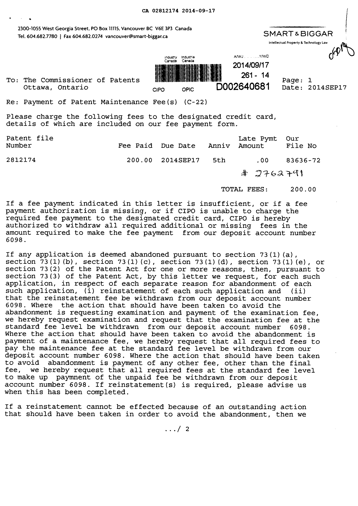 Document de brevet canadien 2812174. Taxes 20140917. Image 1 de 2