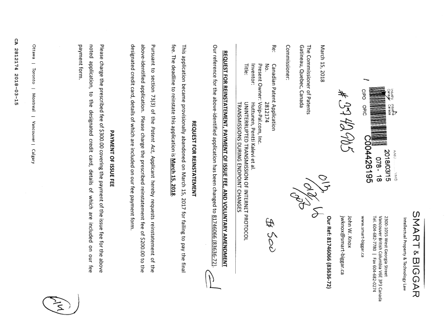 Document de brevet canadien 2812174. Taxe finale 20180315. Image 1 de 3