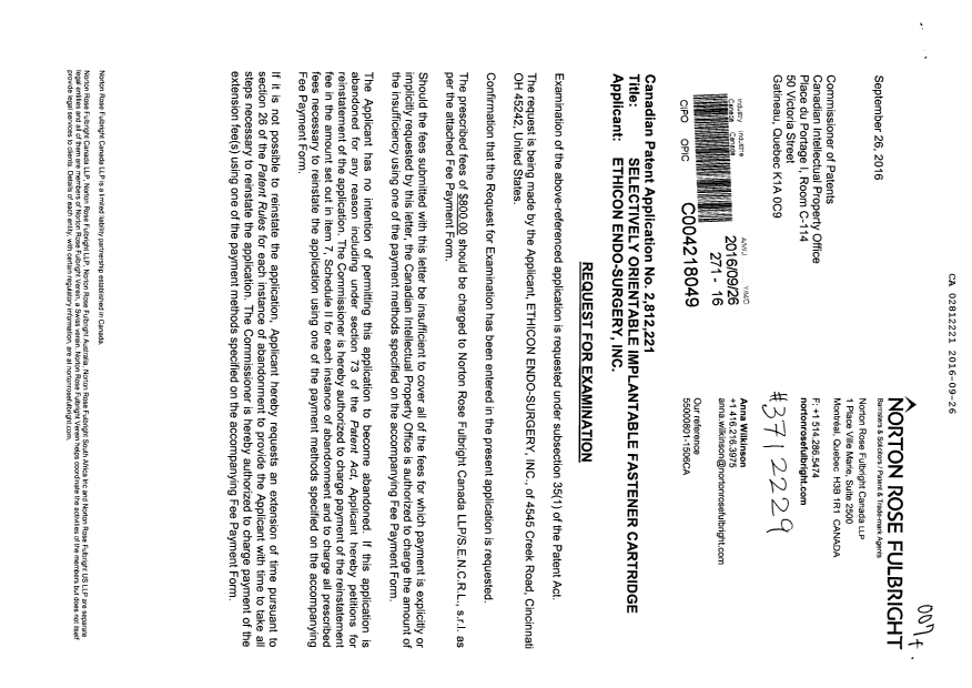Document de brevet canadien 2812221. Requête d'examen 20160926. Image 1 de 2