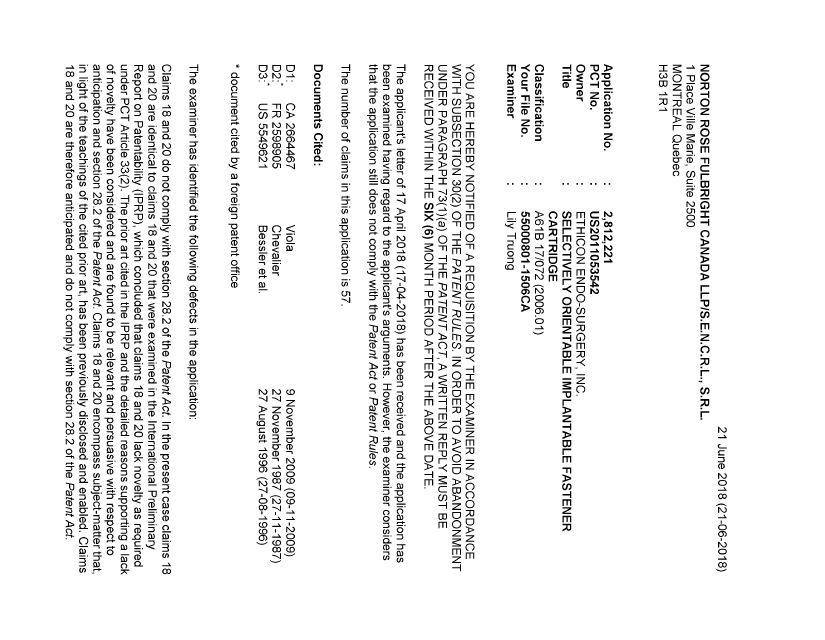 Document de brevet canadien 2812221. Demande d'examen 20180621. Image 1 de 5